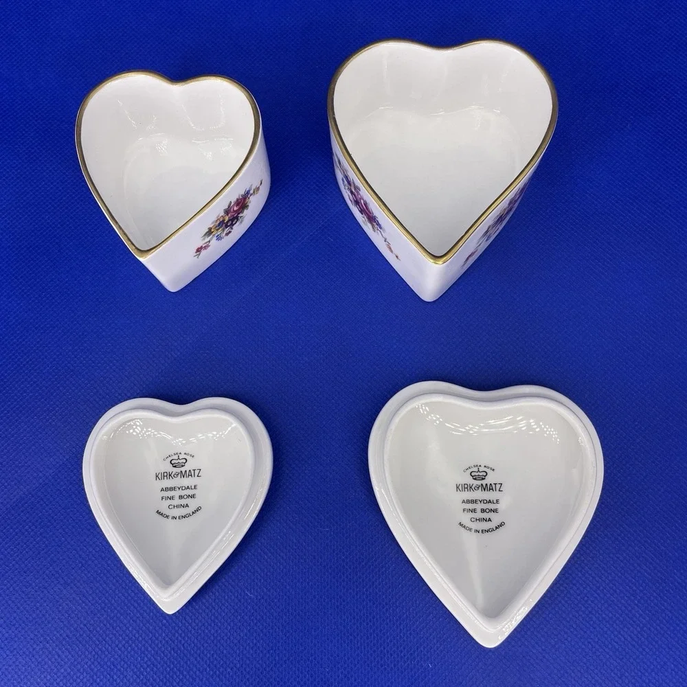 Set of 2 Heart Shaped Floral Kirk & Matz Bone China Trinket/Jewelry/Pill Boxes